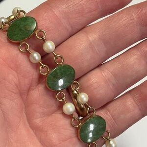 Green Nephrite Jade 12k Gold Fill Bracelet with Glass Pearls